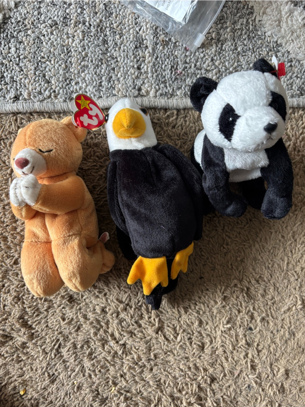 Ty Plush Trio - Tan Bear, Black & White Eagle, Black & White Panda